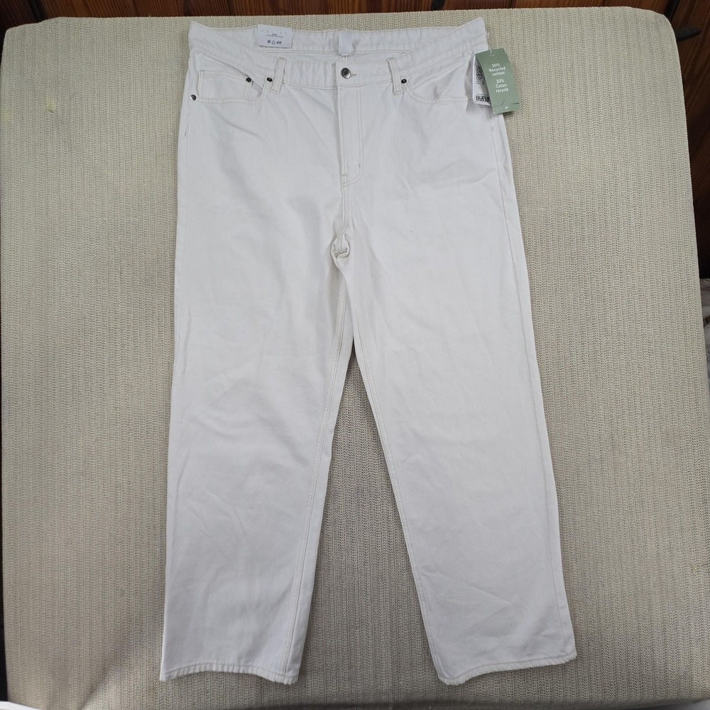 H&M Denim Jeans Womens 18 White Baggy Low Waist Loose Fit Straight Denim Pants